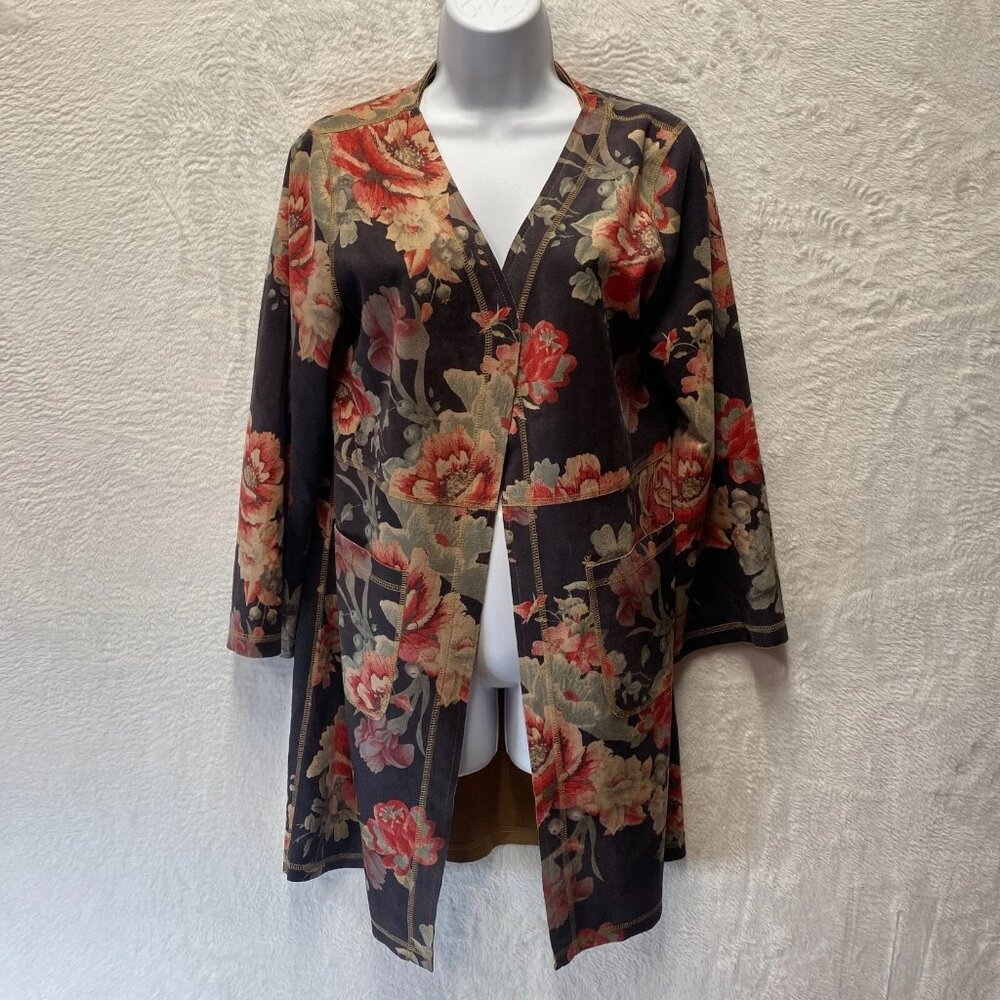 Solitaire Dark Floral Kimono Cardigan Microsuede Women Medium Multicolor Pockets